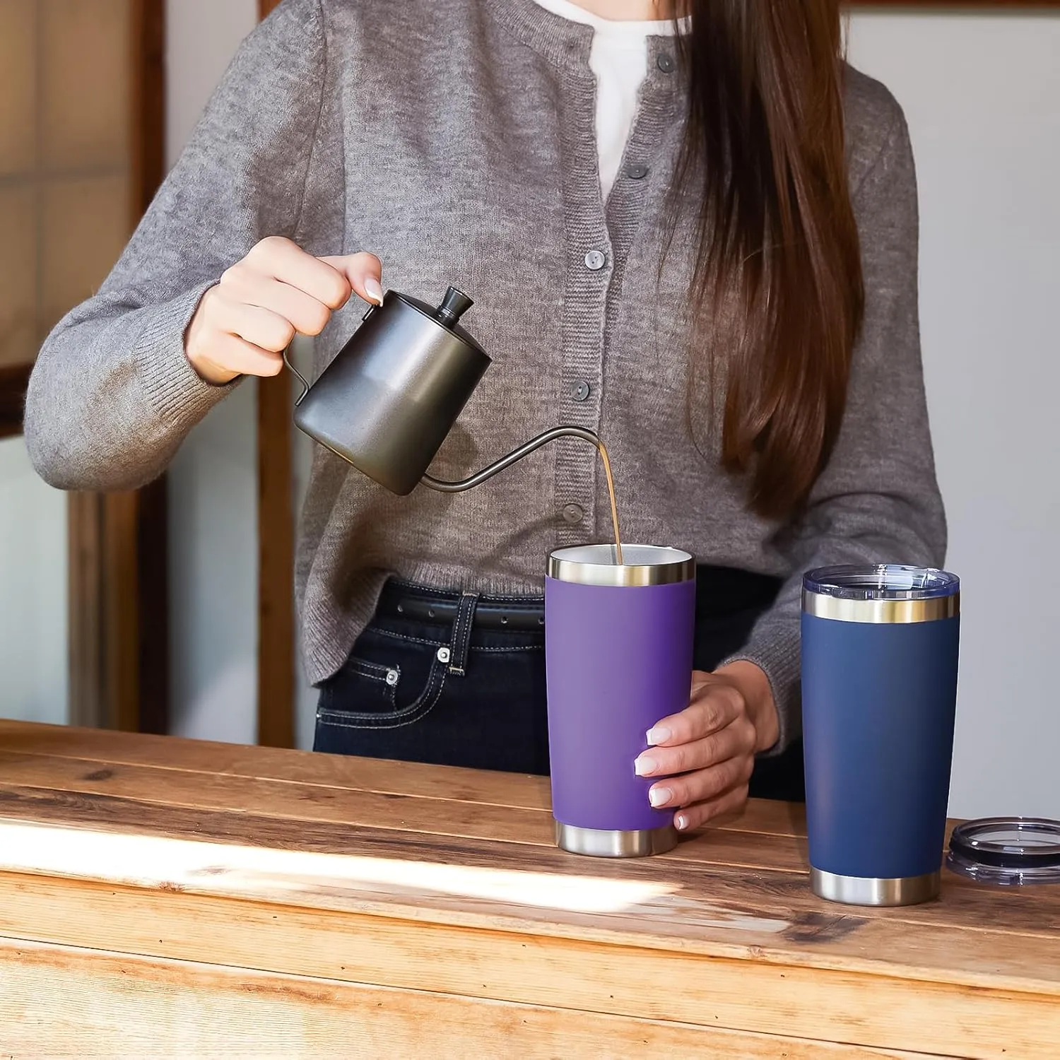MEWAY 20oz Tumbler 4 Pack Double Wall Vacuum Insulated Travel Mug Bulk, Stainless Steel Tumblers with Lid and Straw, Durable Powder Coated Coffee Cups for Cold & Hot Drinks (Navy, 4)