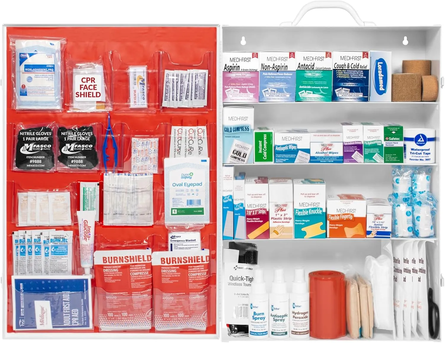 MFASCO Workplace Metal First Aid Kit - 4 Shelf Wall Mount Cabinet with Medications - Large Metal First Aid Box for Office with Supplies - Commercial Grade for Businesses - Emergency Preparedness