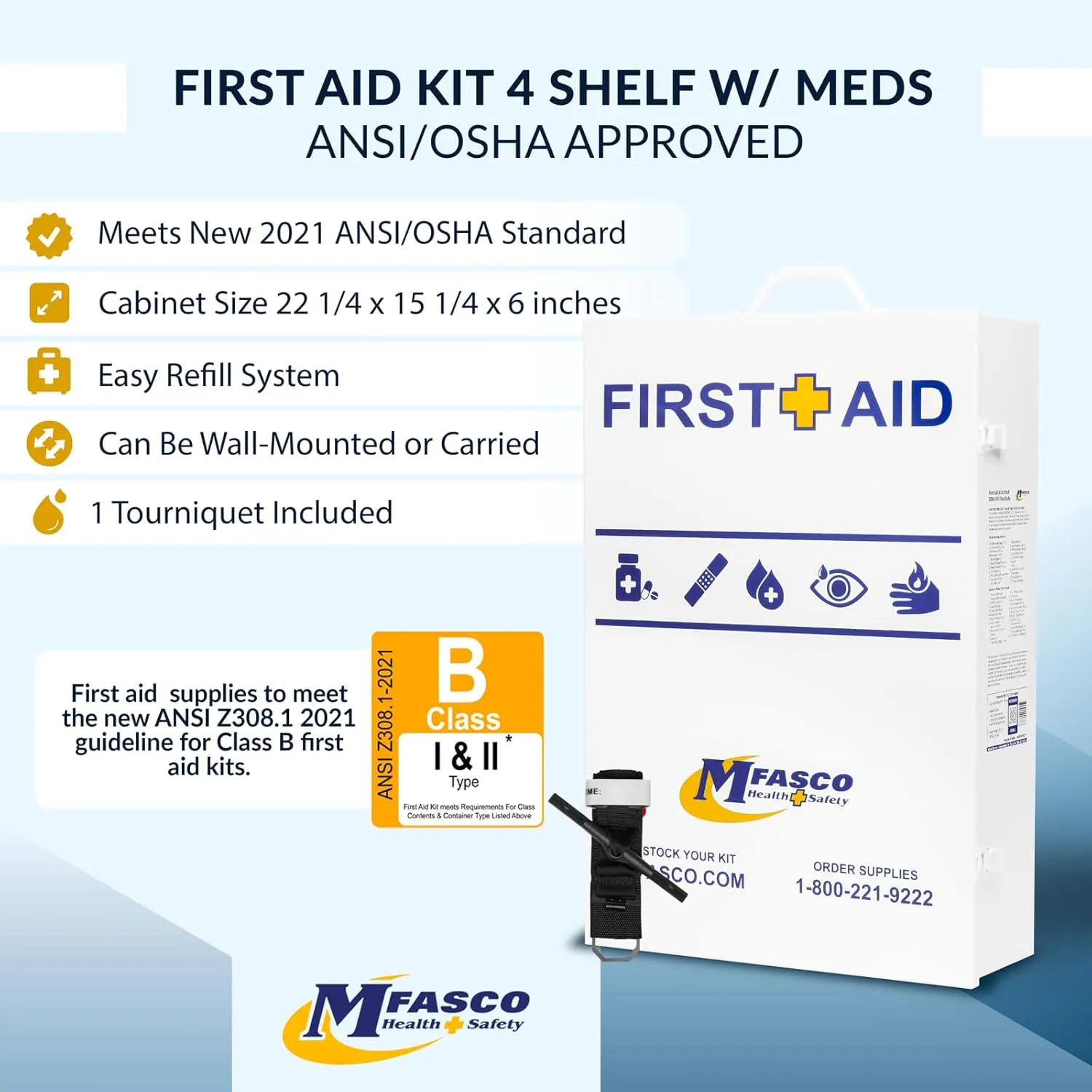 MFASCO Workplace Metal First Aid Kit - 4 Shelf Wall Mount Cabinet with Medications - Large Metal First Aid Box for Office with Supplies - Commercial Grade for Businesses - Emergency Preparedness