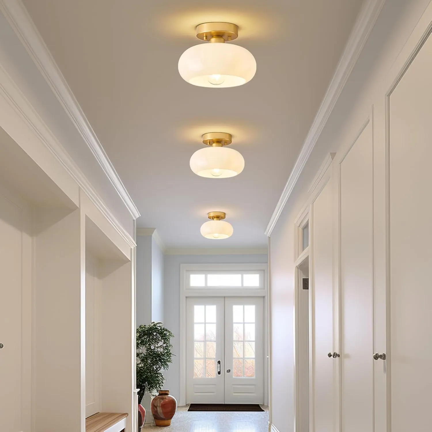 Mid-Century Modern Gold Semi Flush Mount Ceiling Light, Kitchen Ceiling Light Fixture with Glass Shade, Vintage White Close to Ceiling Lamp for Entryway Hallway Bathroom (8.66 Inch)
