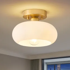 Mid-Century Modern Gold Semi Flush Mount Ceiling Light, Kitchen Ceiling Light Fixture with Glass Shade, Vintage White Close to Ceiling Lamp for Entryway Hallway Bathroom (8.66 Inch)