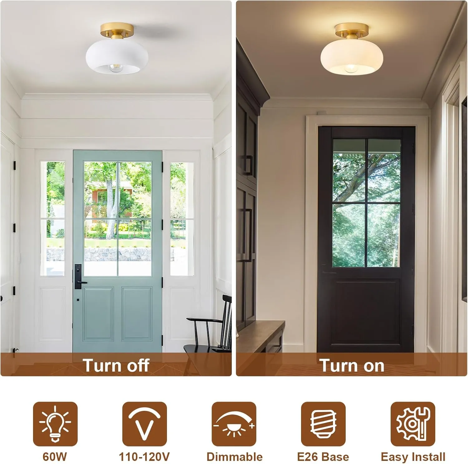 Mid-Century Modern Gold Semi Flush Mount Ceiling Light, Kitchen Ceiling Light Fixture with Glass Shade, Vintage White Close to Ceiling Lamp for Entryway Hallway Bathroom (8.66 Inch)