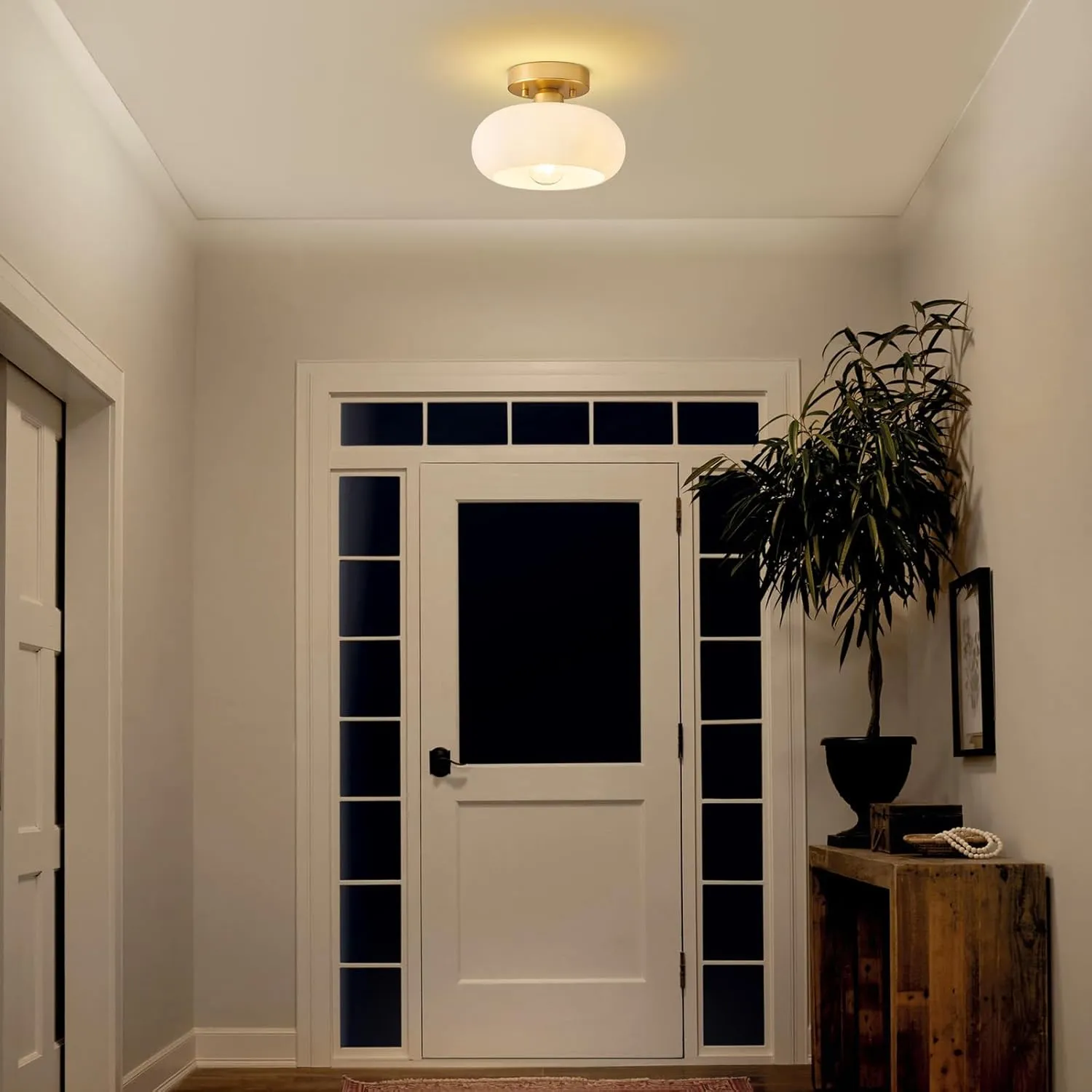 Mid-Century Modern Gold Semi Flush Mount Ceiling Light, Kitchen Ceiling Light Fixture with Glass Shade, Vintage White Close to Ceiling Lamp for Entryway Hallway Bathroom (8.66 Inch)