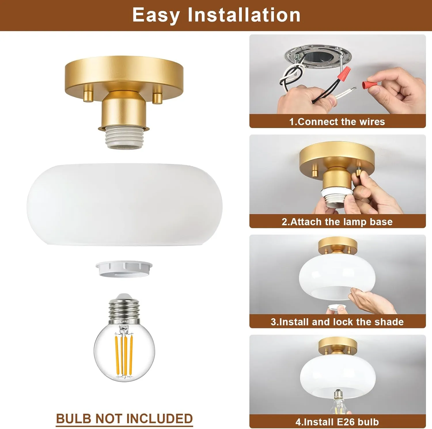 Mid-Century Modern Gold Semi Flush Mount Ceiling Light, Kitchen Ceiling Light Fixture with Glass Shade, Vintage White Close to Ceiling Lamp for Entryway Hallway Bathroom (8.66 Inch)