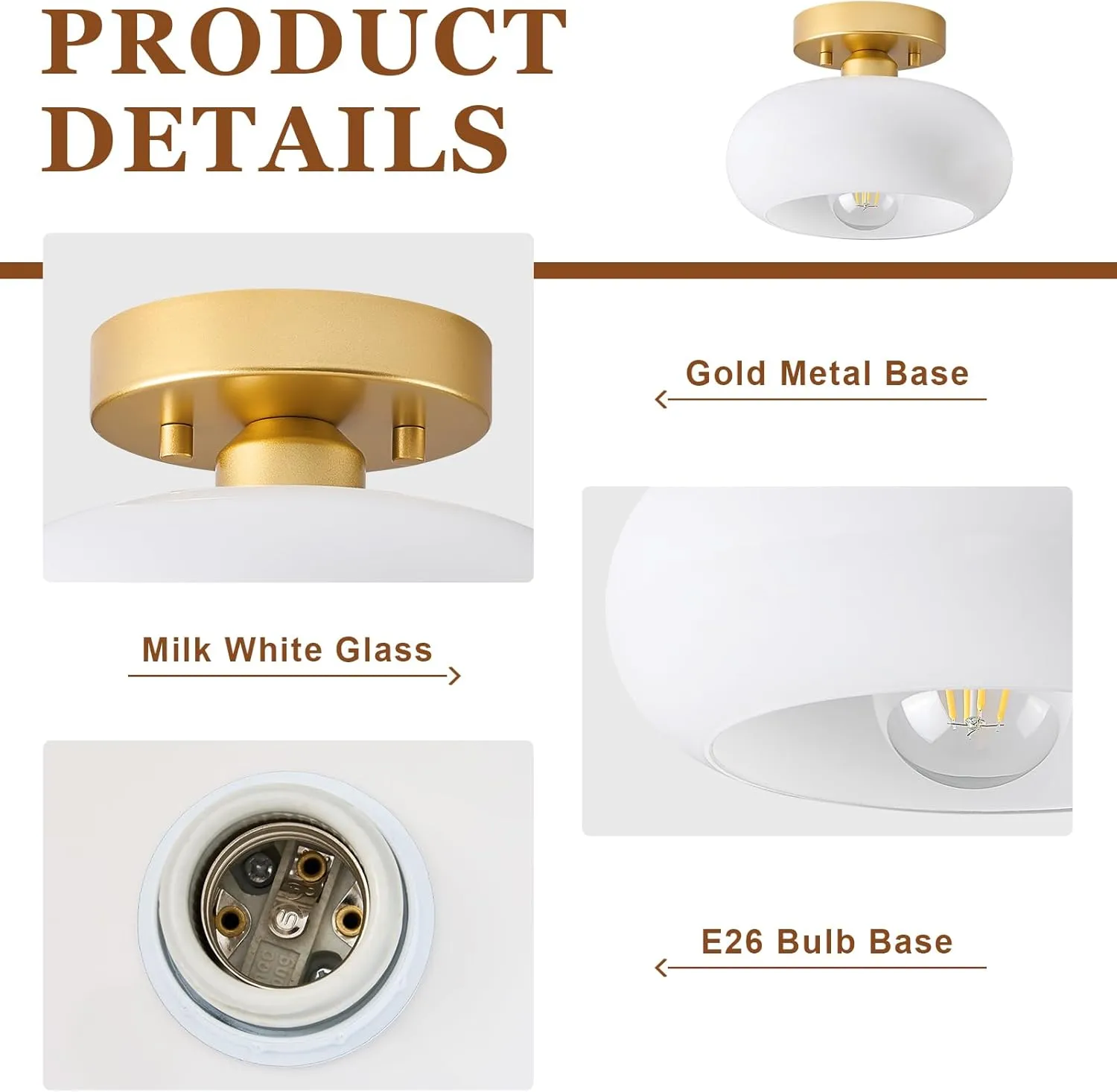 Mid-Century Modern Gold Semi Flush Mount Ceiling Light, Kitchen Ceiling Light Fixture with Glass Shade, Vintage White Close to Ceiling Lamp for Entryway Hallway Bathroom (8.66 Inch)