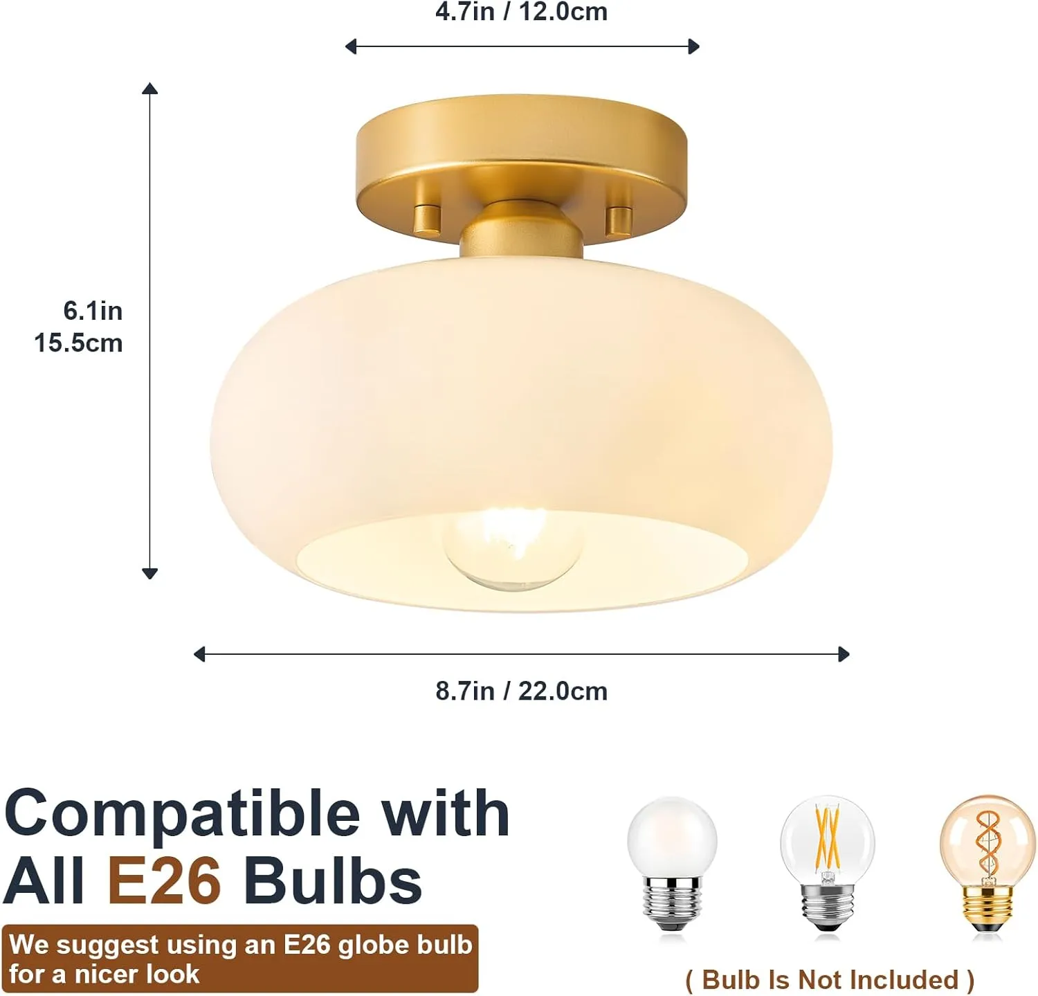 Mid-Century Modern Gold Semi Flush Mount Ceiling Light, Kitchen Ceiling Light Fixture with Glass Shade, Vintage White Close to Ceiling Lamp for Entryway Hallway Bathroom (8.66 Inch)