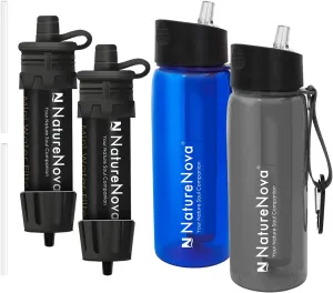 Mini Water Filter NatureNova Portable Emergency Water Filtration(2 Pack,Black) with Naturenova Water Filter Bottle(2 Pack Blue/Black)