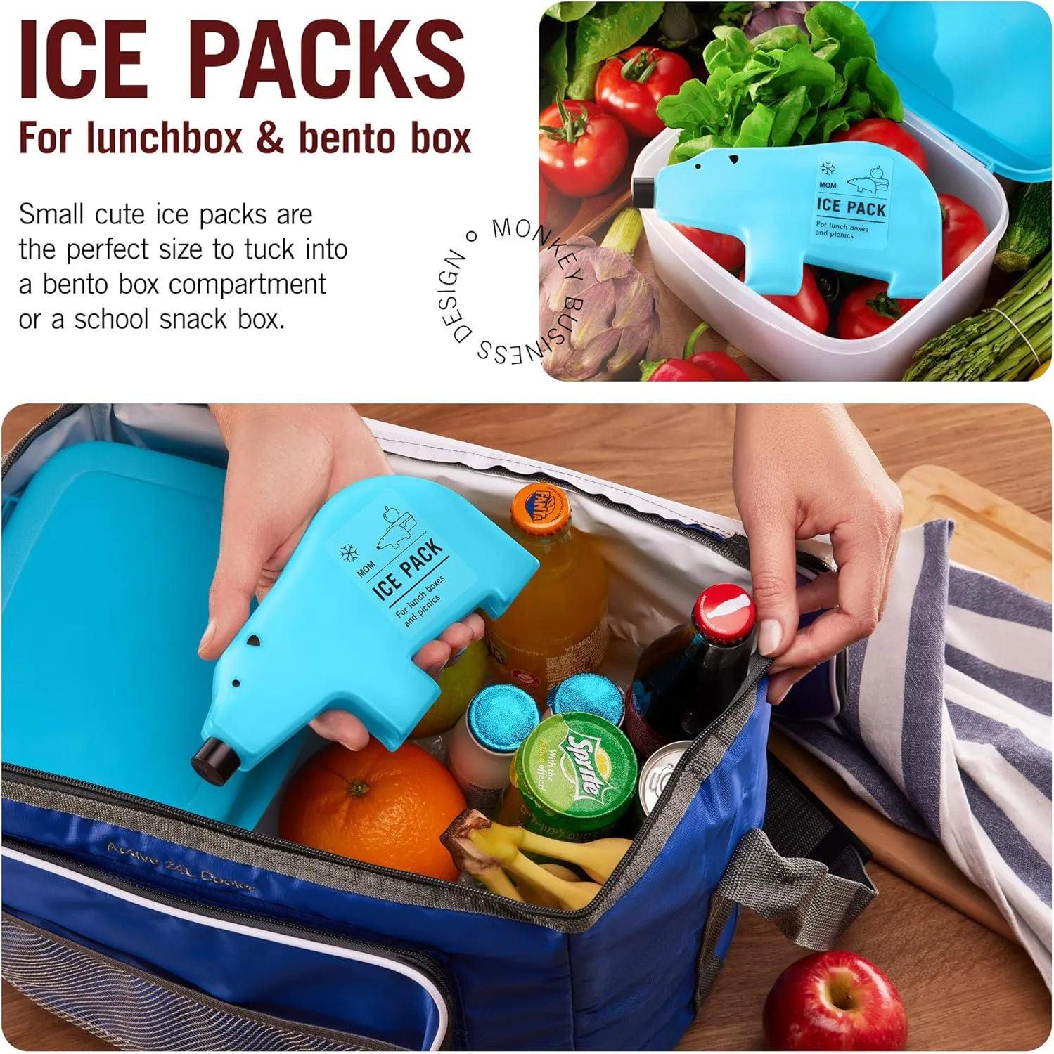 Monkey Business Kids Ice Packs for Lunch Box/Lunch Ice Packs Reusable/Slim Ice Packs Perfect for Your Kid's Lunch Box/Fun Freezer Packs Your Kids Will Love