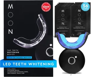 MOON Cordless LED Teeth Whitening Kit - Includes Blue Light Teeth Whitening Device, 56 Whitening Strips, USB Charger & Travel Case - Results in 2 Weeks, Whiten Teeth Up to 12 Shades (4 Piece Kit)
