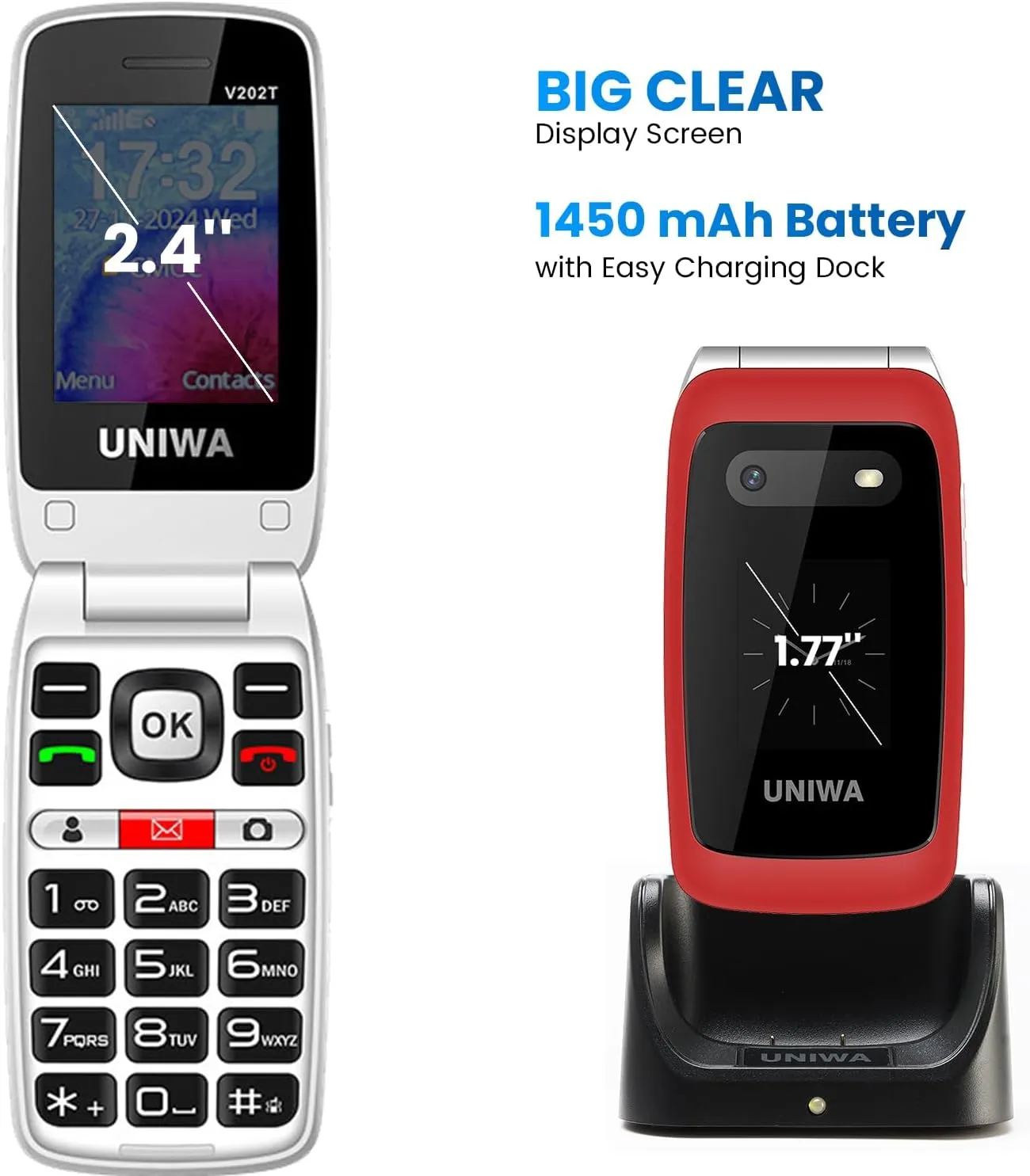 Mosthink 4G Unlocked Flip Cell Phone for Senior with Speed Talk SIM Card, SOS Big Button Basic Cell Phone for Elderly, 2.4'' HD Display, Big Volume, 1450mAh Battery with Charging Dock (Red)