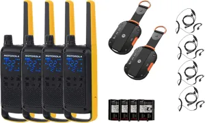 Motorola Talkabout T470 Two Way Radio 4-Pack Walkie Talkies PTT Earpieces with 2 Defy Emergency Satellite GPS Communicators