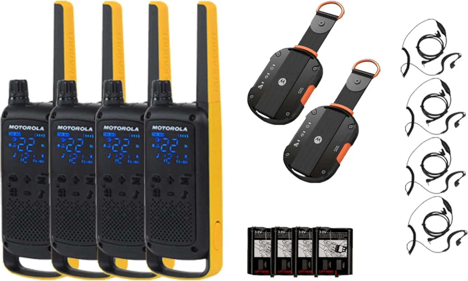 Motorola Talkabout T470 Two Way Radio 4-Pack Walkie Talkies PTT Earpieces with 2 Defy Emergency Satellite GPS Communicators