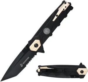 MTECH USA Pocket Folding Knife, 8.50" Overall Length, 3.55" Two-Tone Tanto Blade, Black Nylon Handle, Glass Breaker, Tan, EDC