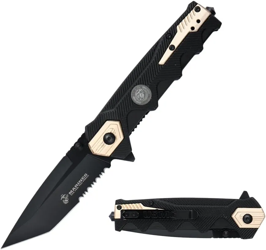 MTECH USA Pocket Folding Knife, 8.50" Overall Length, 3.55" Two-Tone Tanto Blade, Black Nylon Handle, Glass Breaker, Tan, EDC