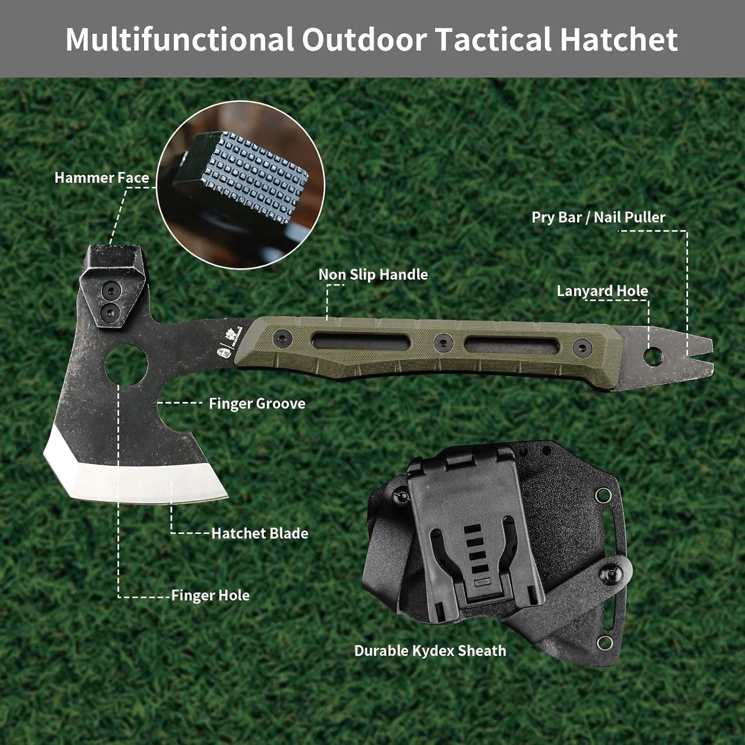 Multifunctional Splitting Axe, Full Tang Survival Camping Tactical Wood Hatchet，Camp Bushcraft Hand Axes with Hammer and Nail Puller (Army Green)