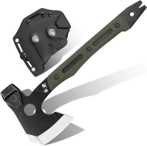 Multifunctional Splitting Axe, Full Tang Survival Camping Tactical Wood Hatchet，Camp Bushcraft Hand Axes with Hammer and Nail Puller (Army Green)