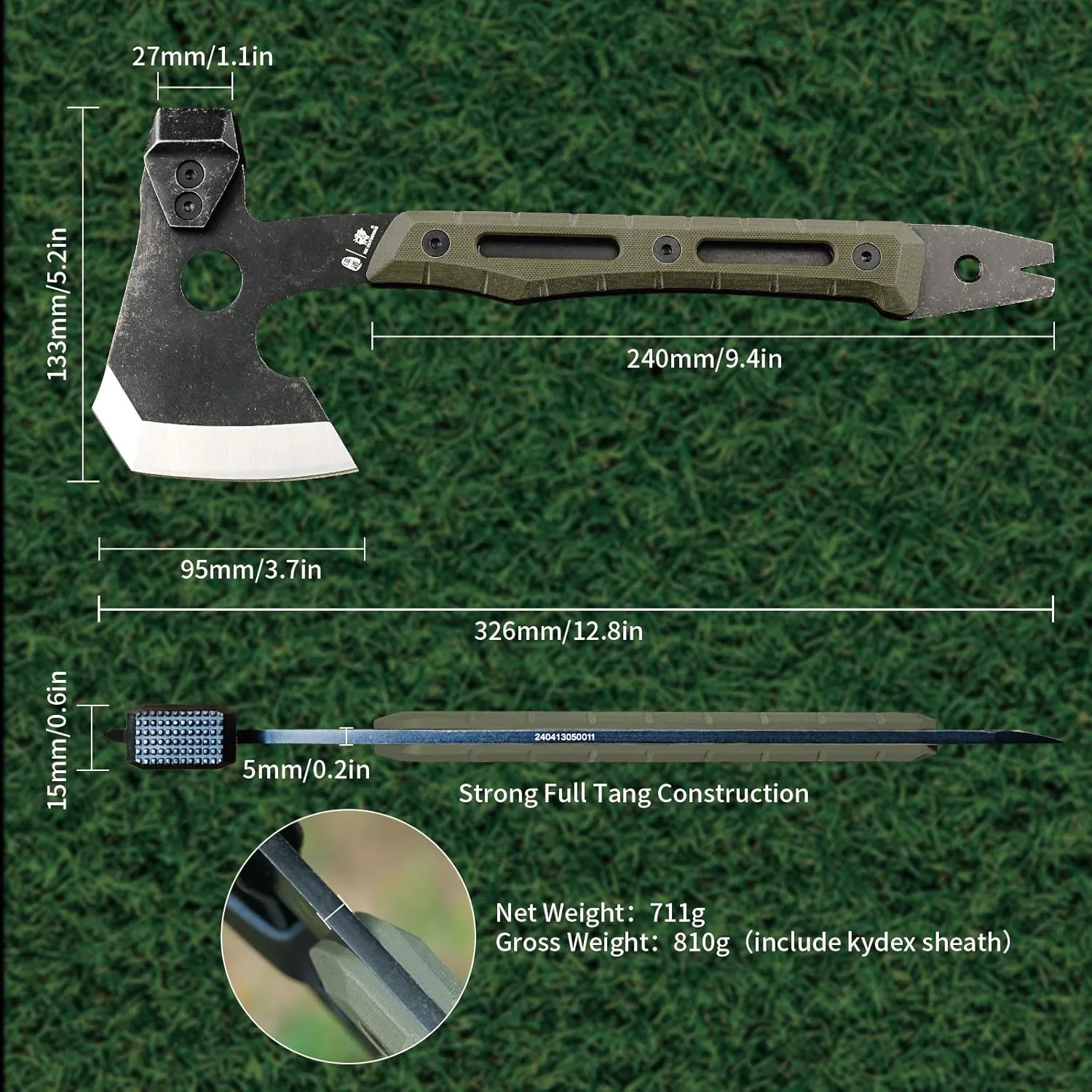 Multifunctional Splitting Axe, Full Tang Survival Camping Tactical Wood Hatchet，Camp Bushcraft Hand Axes with Hammer and Nail Puller (Army Green)