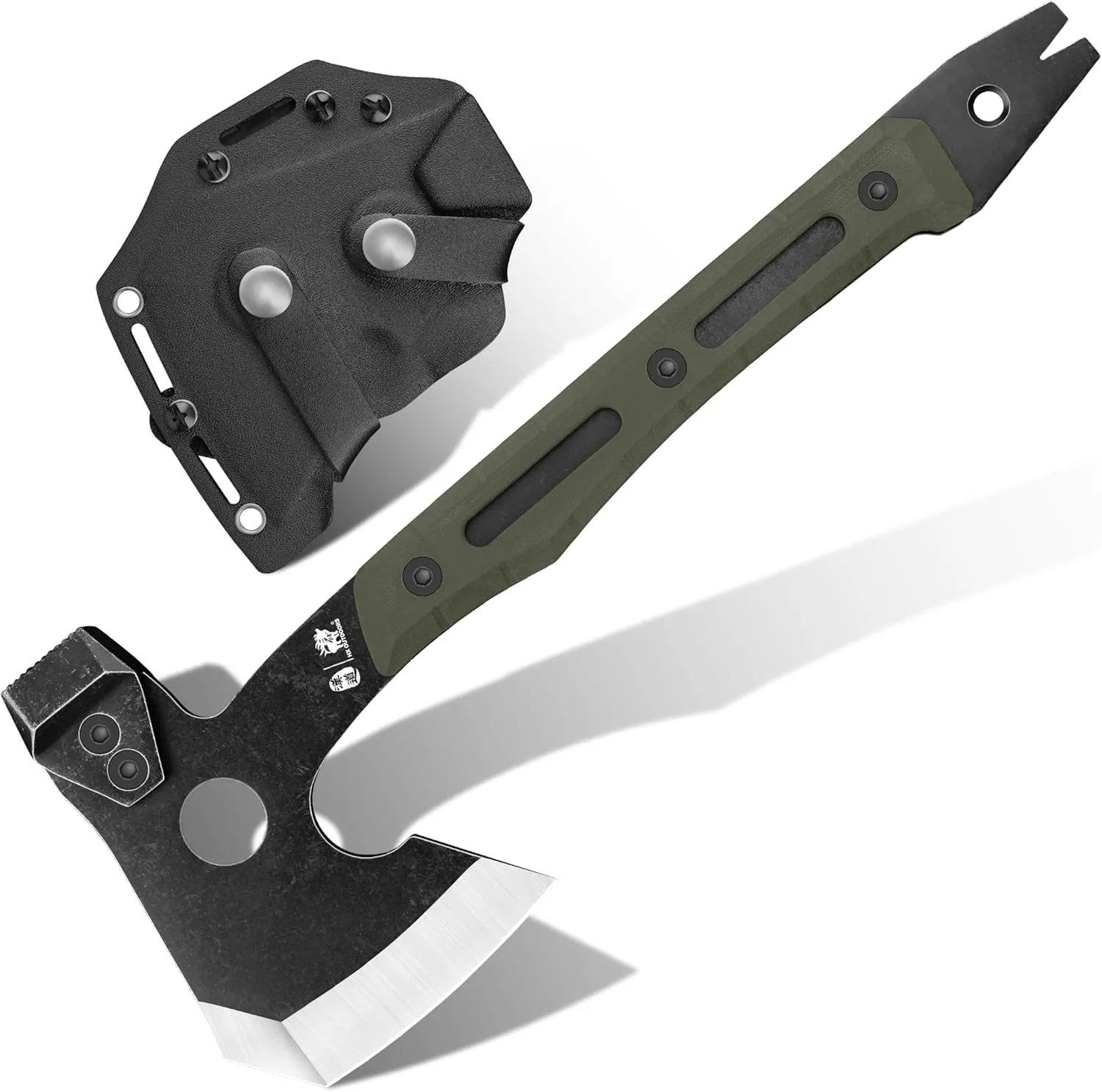 Multifunctional Splitting Axe, Full Tang Survival Camping Tactical Wood Hatchet，Camp Bushcraft Hand Axes with Hammer and Nail Puller (Army Green)