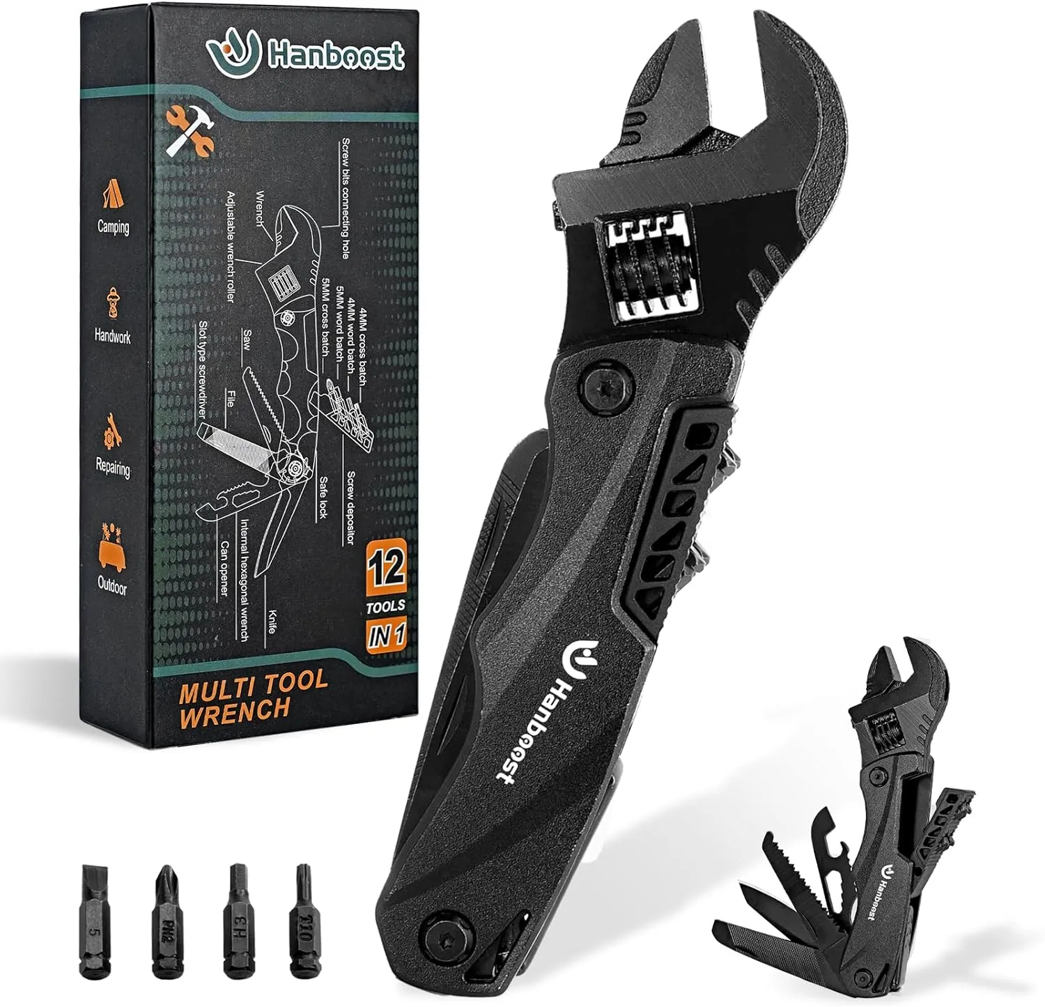 Multitool Wrench Wide Jaw Opening Cmaping Gear, Gift for Him and Her, 12 in 1 Multi Purpose Pocket Size EDC Gadget With Screwdriver Cutting Saw Bottle Opener for Maintenance, Camping and DIY
