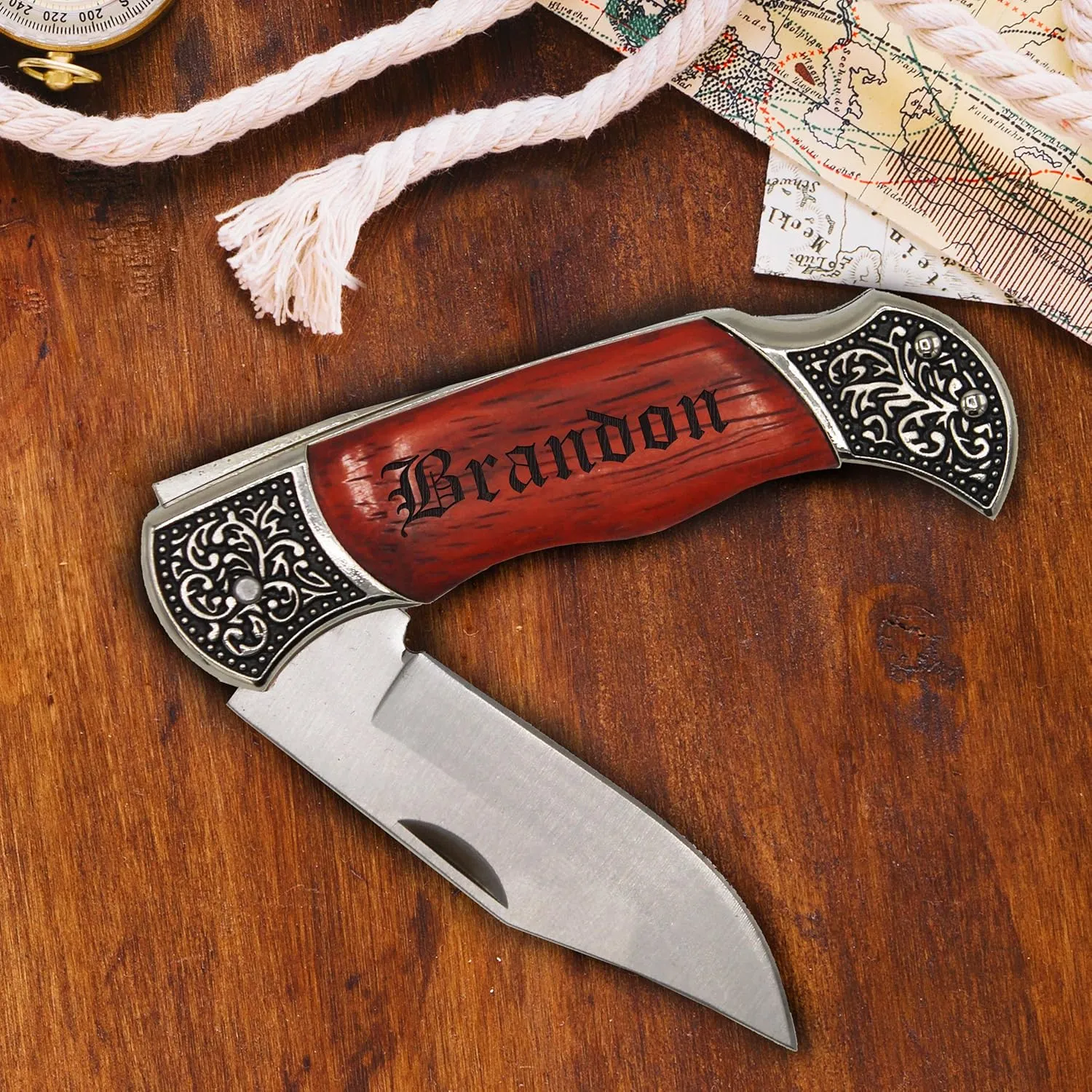 My Personal Memories, Customized Rosewood Handle Pocket Folding Knife with Engraving - Wedding Groomsmen - Personalized Monogrammed and Engraved (Custom Personalized 2 Lines)