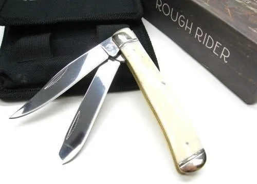 New ROUGH RIDER White Bone SCRIMSHAW SET 2 Blade Folding ProTactical'US - Limited Edition - Elite Knife with Sharp Blade TOOLS   Pouch! OSB1579