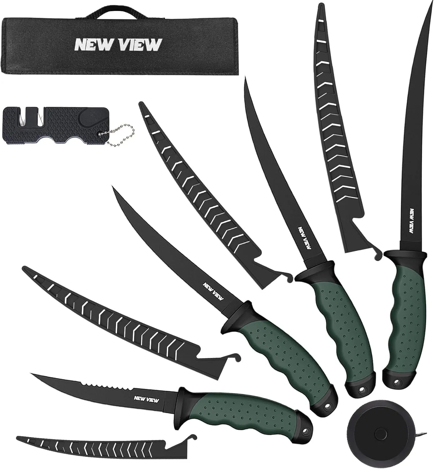 NEW VIEW Fillet Knife 7-Piece Corrosion-Resistant Stainless Steel Knife Set, 4 Fishing Knives Set with Non-Slip Handle, Sharpener, Storage Bag, Suitable for Freshwater and Saltwater