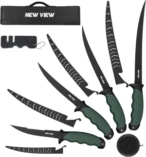NEW VIEW Fillet Knife 7-Piece Corrosion-Resistant Stainless Steel Knife Set, 4 Fishing Knives Set with Non-Slip Handle, Sharpener, Storage Bag, Suitable for Freshwater and Saltwater