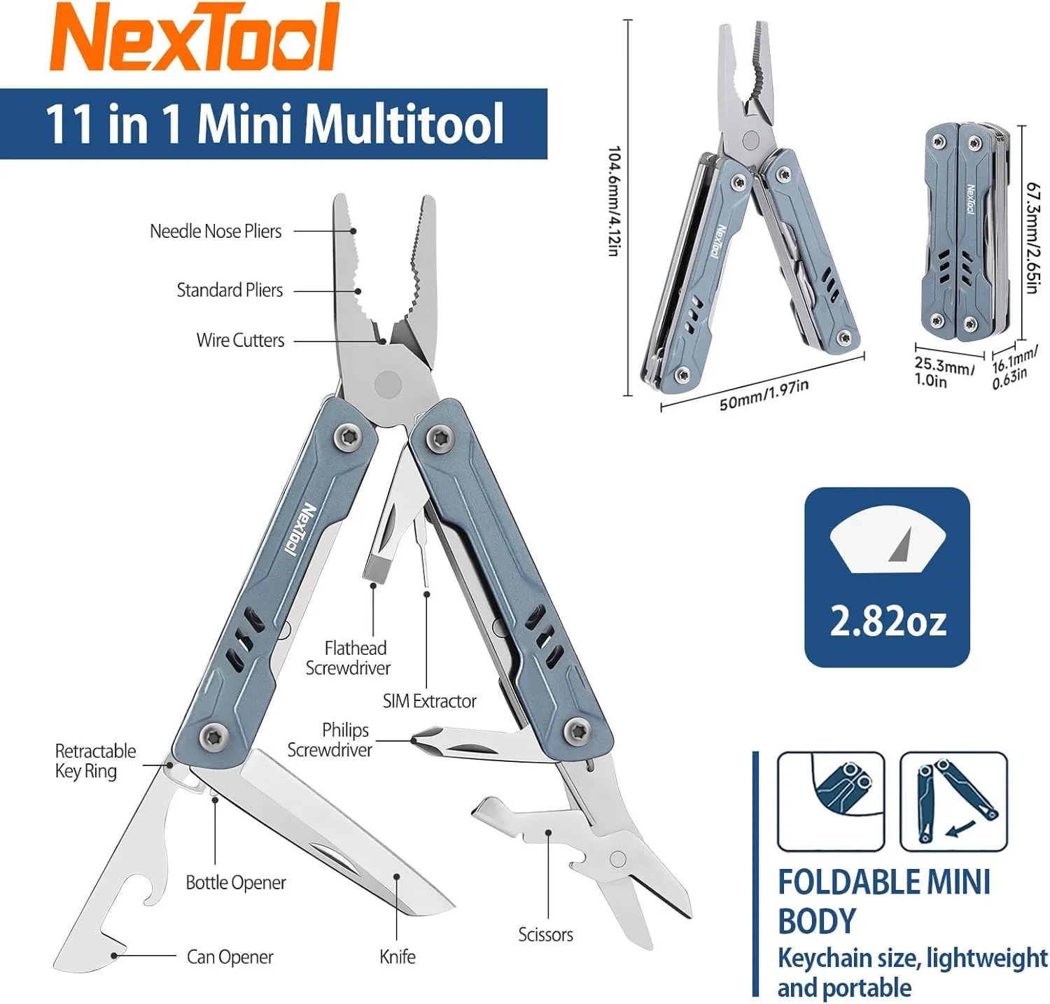 NexTool Mini Sailor S11 Keychain Multitool, 11-in-1 Compact EDC Pliers with Pocket Knife, Scissors & Screwdrivers, Lightweight Small Multitool for DIY, Travel, Camping, and Gift, Cool Gadget for Men