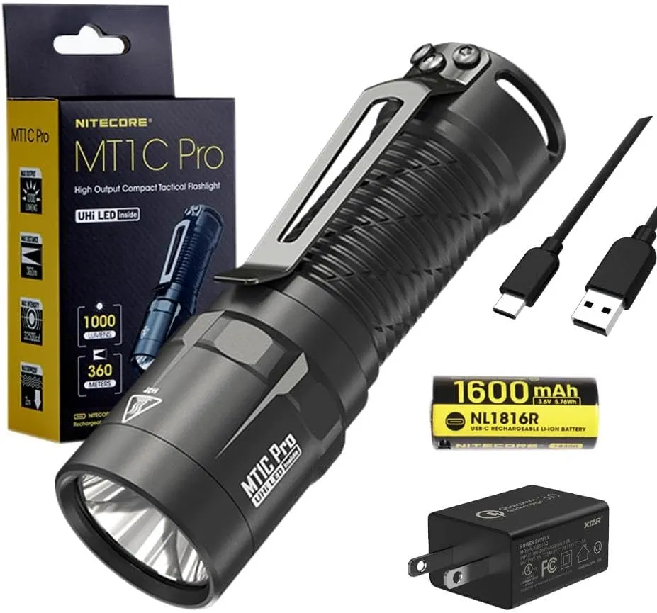 Nitecore MT1C PRO Compact Everyday Carry Flashlight- 1,000 Lumens w/ 3Amp USB Wall Adapter, battery, and Eco-Sensa USB C Charging cable Included