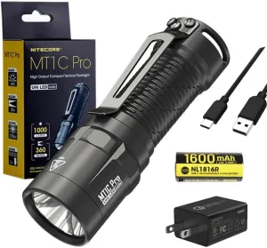 Nitecore MT1C PRO Compact Everyday Carry Flashlight- 1,000 Lumens w/ 3Amp USB Wall Adapter, battery, and Eco-Sensa USB C Charging cable Included