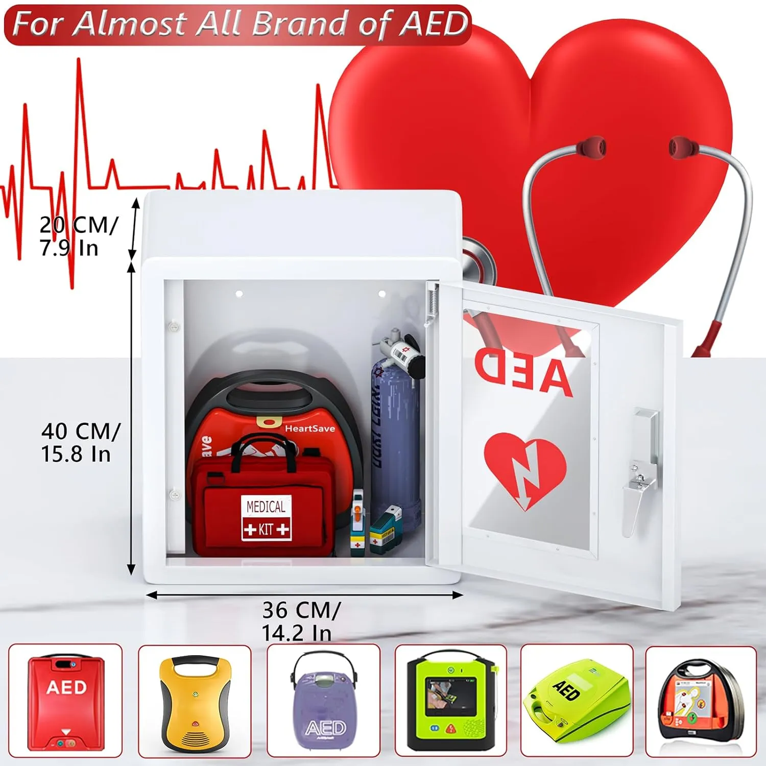NLShan Wall Mounted AED Defibrillator Cabinet, Metal Steel Plate Storage Cabinet with Snap Lock, Fit All Brands of AED, 14.2 x 7.9 x 15.8 Inch