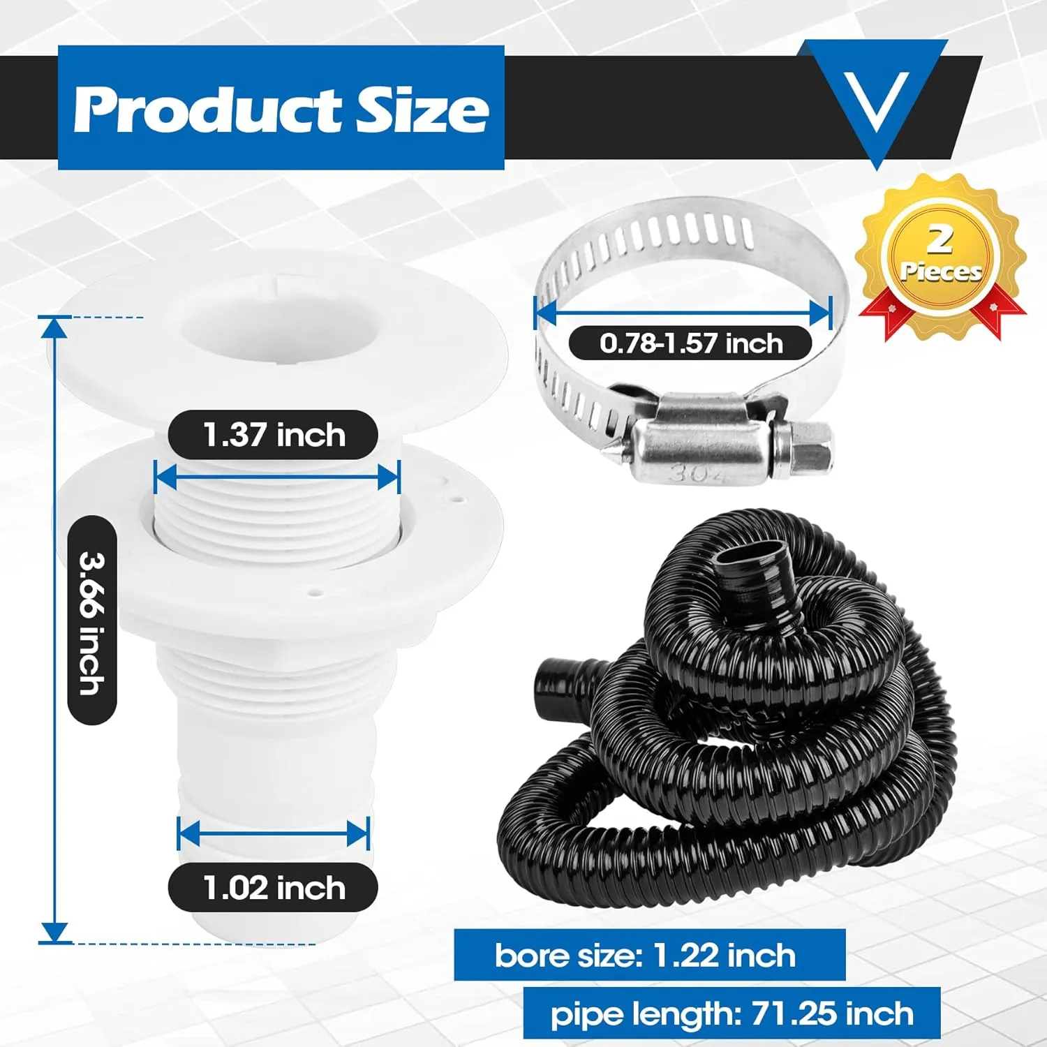 Non-automatic 0.98 Inch Bilge Pump kit for Boats,12V 750GPH Bilge Pumps with 6 ft/1.8 meters Bilge Pump Hose, 2pcs Stainless Steel Clamps and Thru Hull Fitting, for Yachts Speedboats