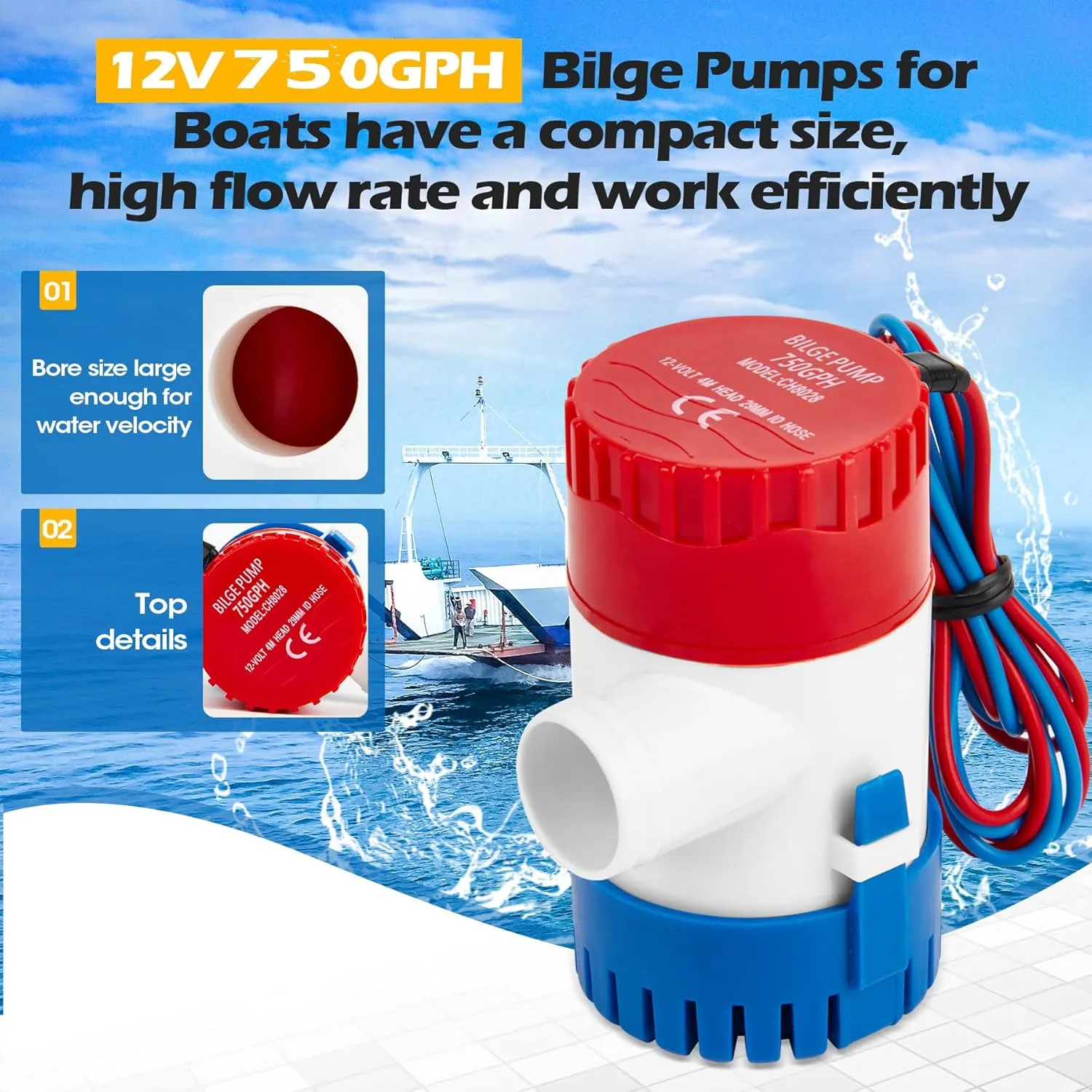 Non-automatic 0.98 Inch Bilge Pump kit for Boats,12V 750GPH Bilge Pumps with 6 ft/1.8 meters Bilge Pump Hose, 2pcs Stainless Steel Clamps and Thru Hull Fitting, for Yachts Speedboats