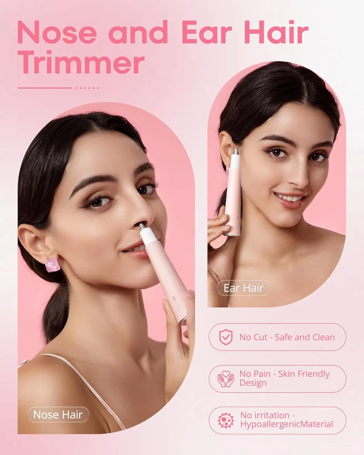 Nose Hair Trimmer for Women: Rechargeable 2 in 1 Ear Eyebrow Trimmer (Pink)