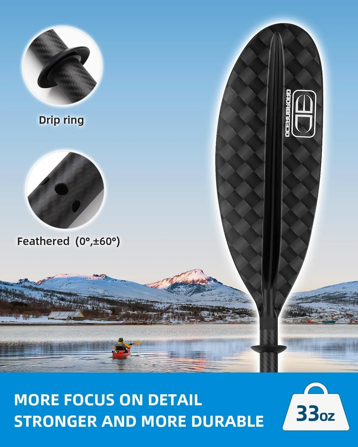 OCEANBROAD Carbon Fiber Kayak Paddle 90.5in/230cm, 86in/218cm for Adults Kayaking Boating Canoeing Oar with Paddle Leash