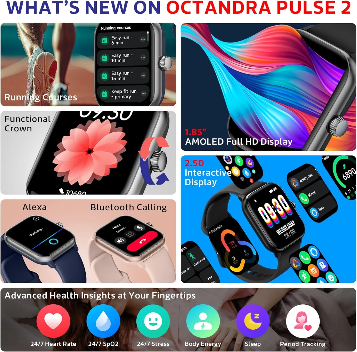 OCTANDRA Pulse 2 VeryFit Smart Watches for Men Women, Alexa Built-in 1.85" AMOLED Screen IP68 Fitness Tracker Watch, Body Energy/Heart Rate/Oxygen Saturation/Stress/Step/Sleep Monitor (GTX10) (Pink)