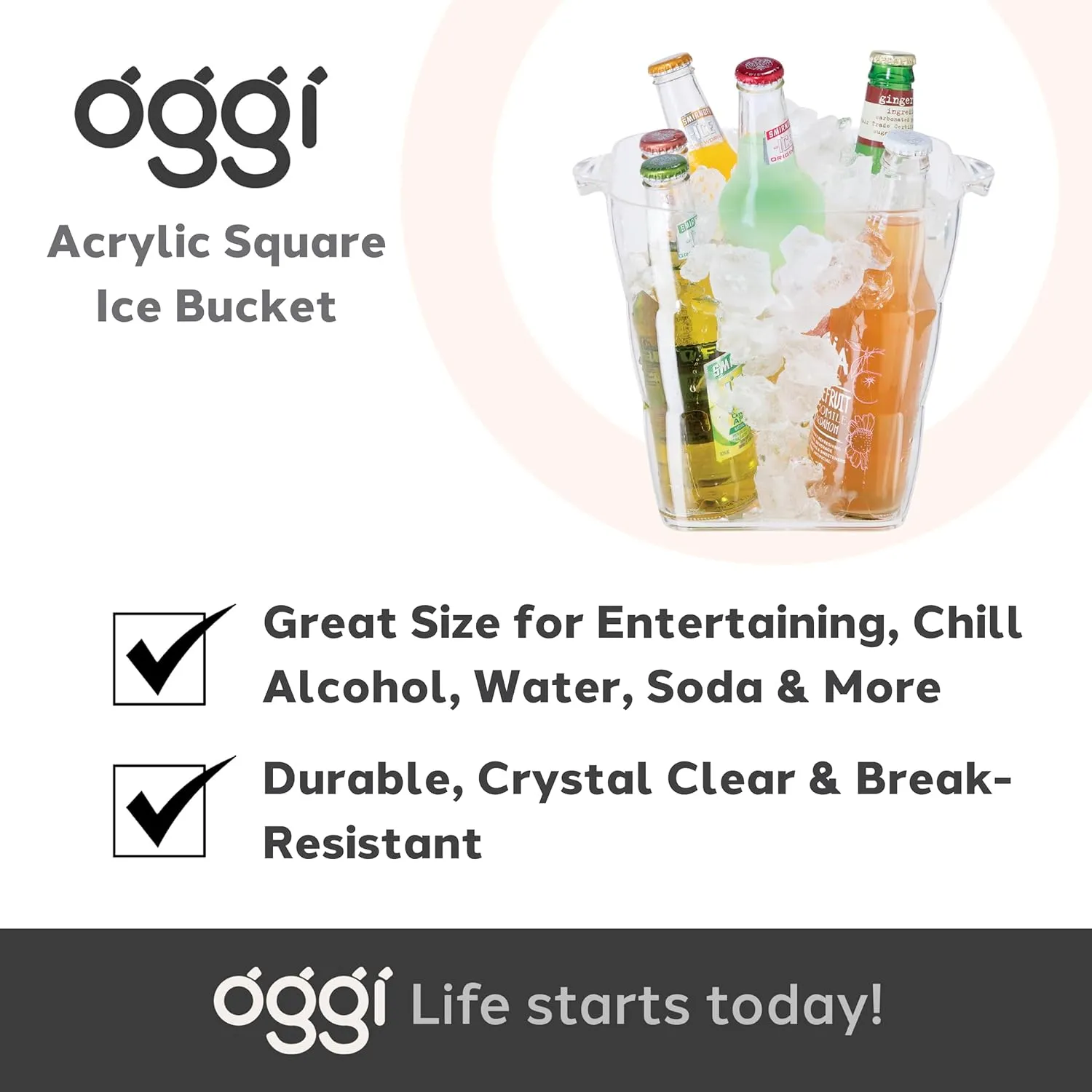 OGGI Acrylic Square Ice Bucket - Clear Beverage Cooler w/Handles, Wine Cooler, Beer Chiller, Ideal Drink Buckets for Parties, Use Ice Tub for Indoor or Outdoor Bars, 8˝ x 8˝