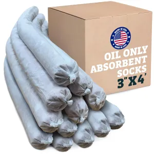Oil Only Absorbent Socks - Oil Absorbent Socks, Absorbs Oil, Hydrocarbons & Repels Water - Recycled Polypropylene Oil Absorbing Socks, Oil Socks, 3"x4' (12 Pack)
