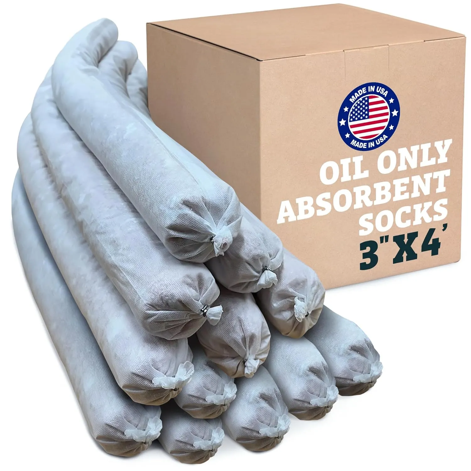 Oil Only Absorbent Socks - Oil Absorbent Socks, Absorbs Oil, Hydrocarbons & Repels Water - Recycled Polypropylene Oil Absorbing Socks, Oil Socks, 3"x4' (12 Pack)