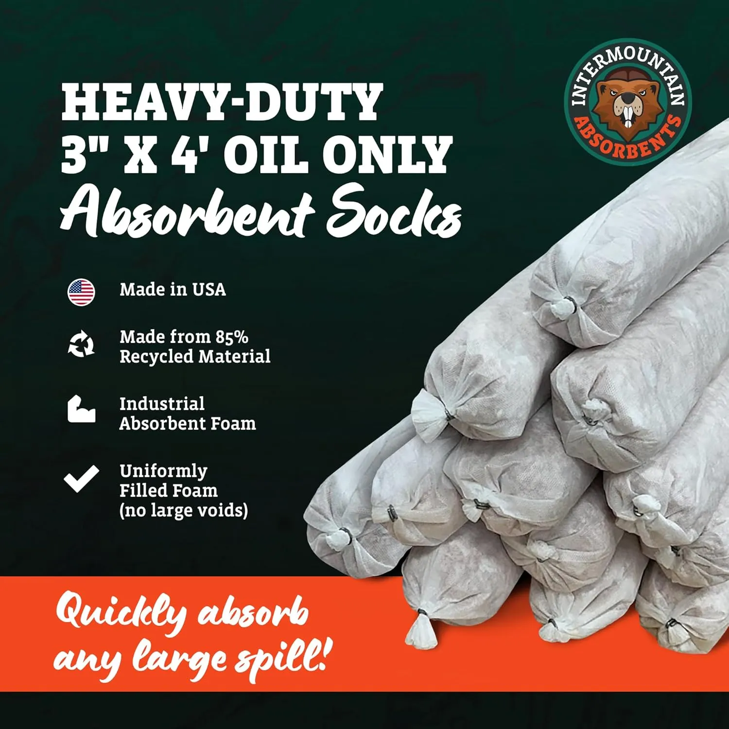 Oil Only Absorbent Socks - Oil Absorbent Socks, Absorbs Oil, Hydrocarbons & Repels Water - Recycled Polypropylene Oil Absorbing Socks, Oil Socks, 3"x4' (12 Pack)