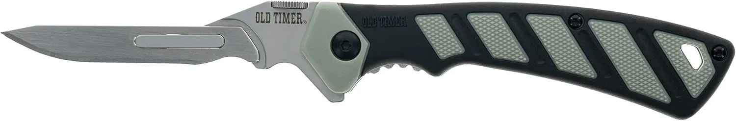 Old Timer Replaceable Blade Knife, Kit, and Gut Hook Tool with Interchangeable Replaceable Blades, Rubber Overmold Grip, Spare Blades, Thumb Assist, and Liner Lock for Hunting, Skinning, and Outdoors