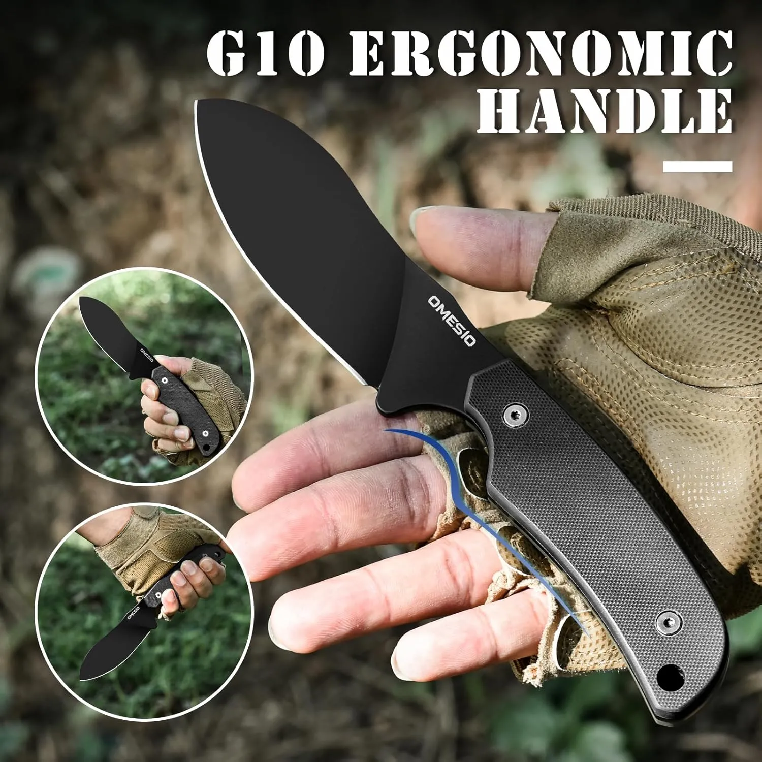 Omesio Fixed Blade Knife Hunting Outdoor Knife with Kydex Sheath, Nessmuk Blade Full Tang D2 Steel G10 Handle, Versatile for Horizontal, Scout Carry and Vertical Carry
