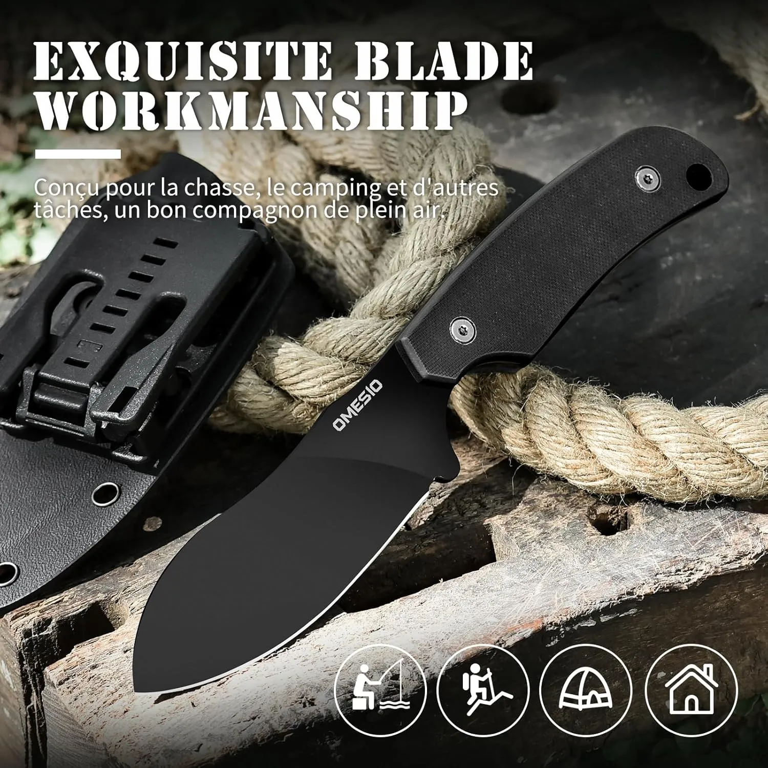 Omesio Fixed Blade Knife Hunting Outdoor Knife with Kydex Sheath, Nessmuk Blade Full Tang D2 Steel G10 Handle, Versatile for Horizontal, Scout Carry and Vertical Carry