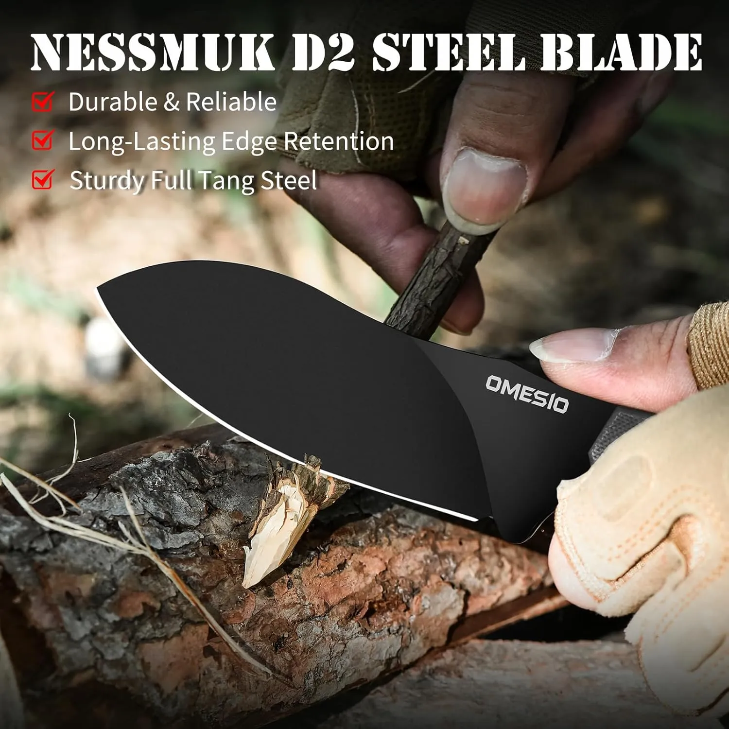 Omesio Fixed Blade Knife Hunting Outdoor Knife with Kydex Sheath, Nessmuk Blade Full Tang D2 Steel G10 Handle, Versatile for Horizontal, Scout Carry and Vertical Carry