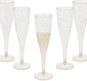 Oojami 90 Plastic 6.5 oz Disposable Champagne Flutes Ideal for Toasting, Wedding, Birthday, Baby Showers, Retirement, Celebration, Mimosa, Cocktails, Engagements, Birthday, Parties (Gold Glitter)