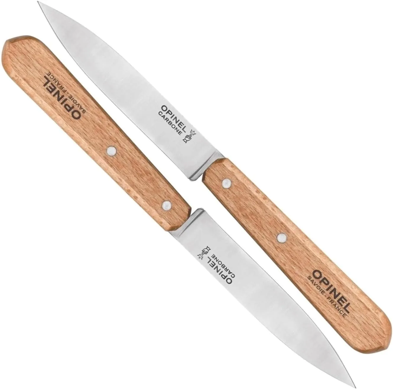 Opinel No. 102 Paring Knives 2 PIECE SET, Carbon Steel Everyday Use Prep Knives for Chopping, Peeling, Slicing, Trimming, Stabilized Sustainably Harvested Beechwood Handles, Made in France