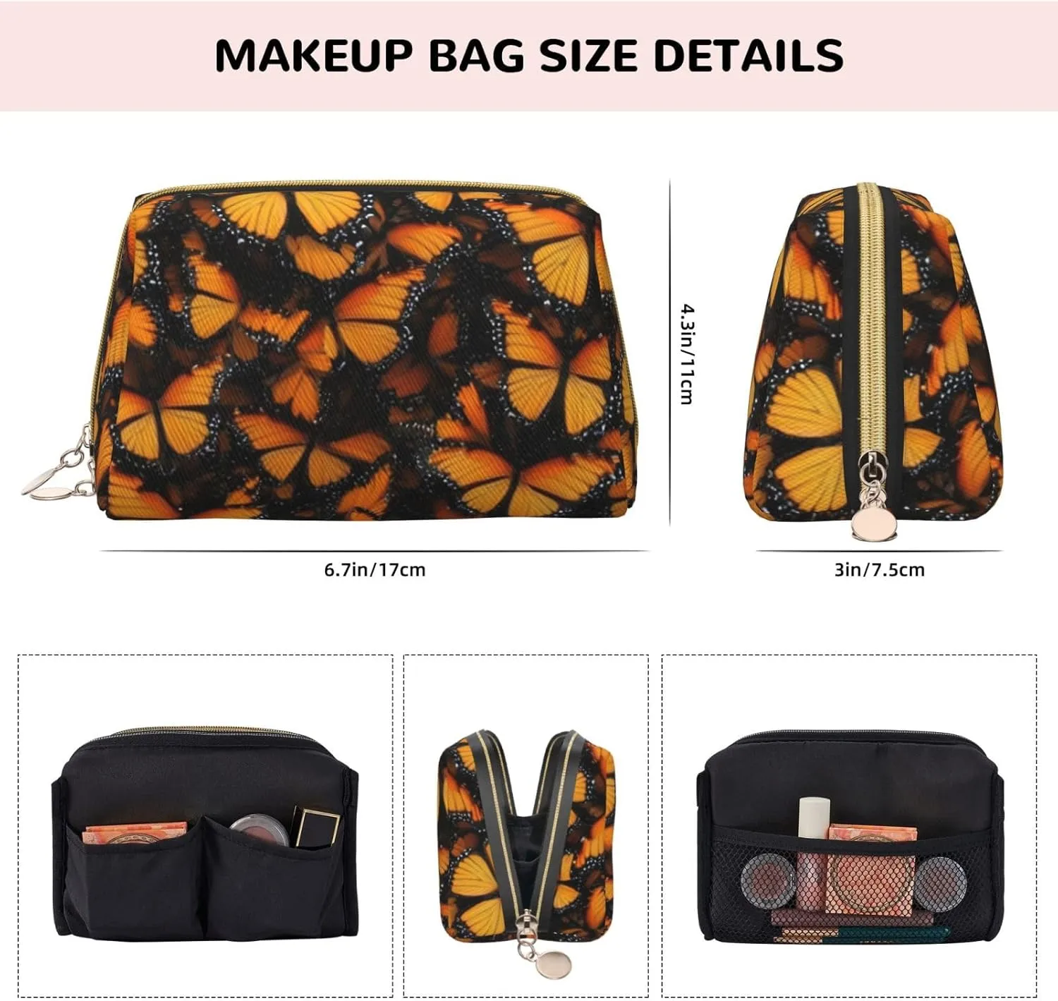 Orange Monarch Butterflies Toiletry Pouch, Travel-Friendly Makeup Organizer For Makeup Brushes, Lipsticks