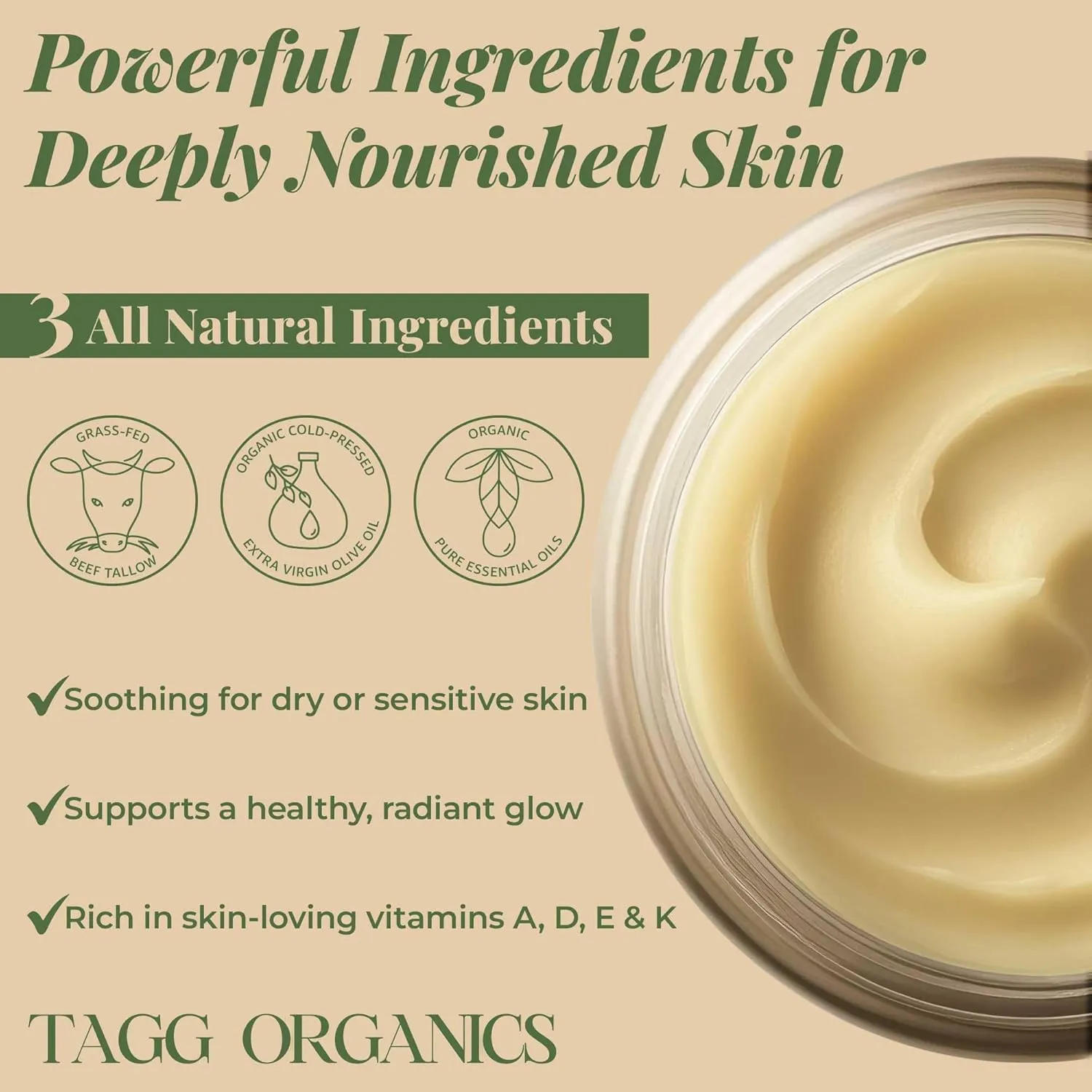 Organic Whipped Tallow Cream Deep Moisturizing Balm for Dry, Sensitive Skin – Unscented, 100% Natural with Cold-Pressed Olive Oil – 2 oz Travel Size