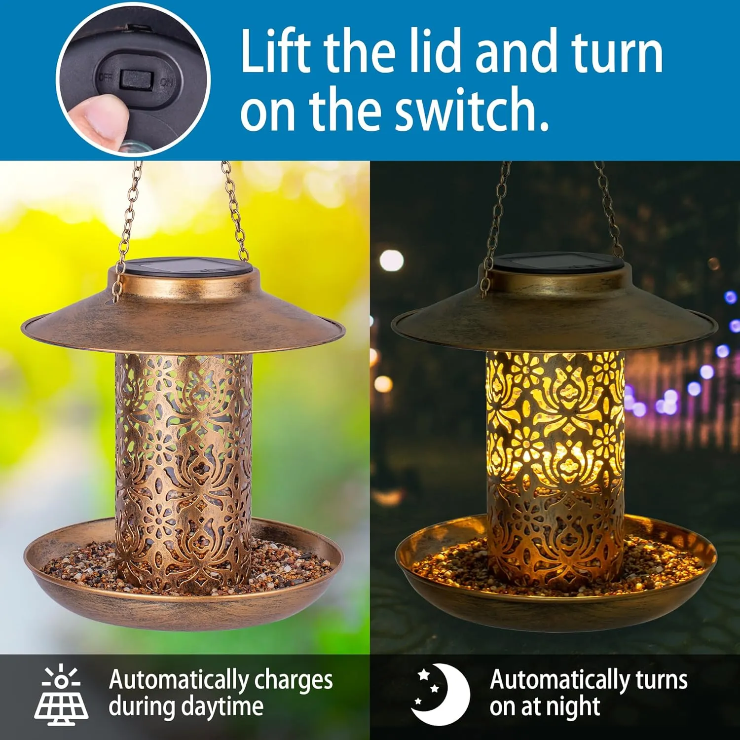 Ottsuls Solar Bird Feeder for Outdoors Hanging, Metal Wild Cardinals Garden Lantern with S Hook, Weatherproof and Water Resistant Birdfeeders as Gift Idea for Women Mom Grandma Bird Lovers (Bronze)