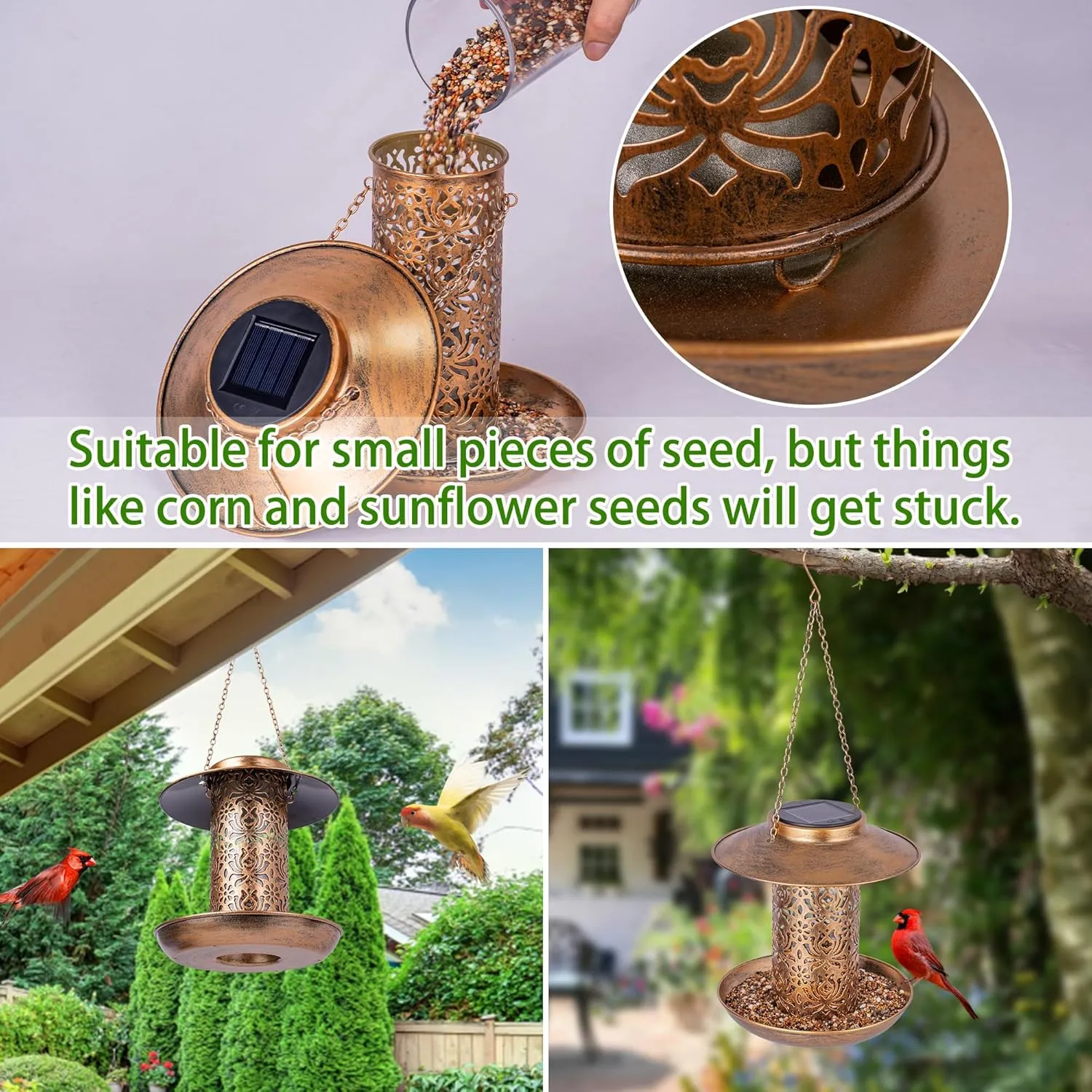 Ottsuls Solar Bird Feeder for Outdoors Hanging, Metal Wild Cardinals Garden Lantern with S Hook, Weatherproof and Water Resistant Birdfeeders as Gift Idea for Women Mom Grandma Bird Lovers (Bronze)